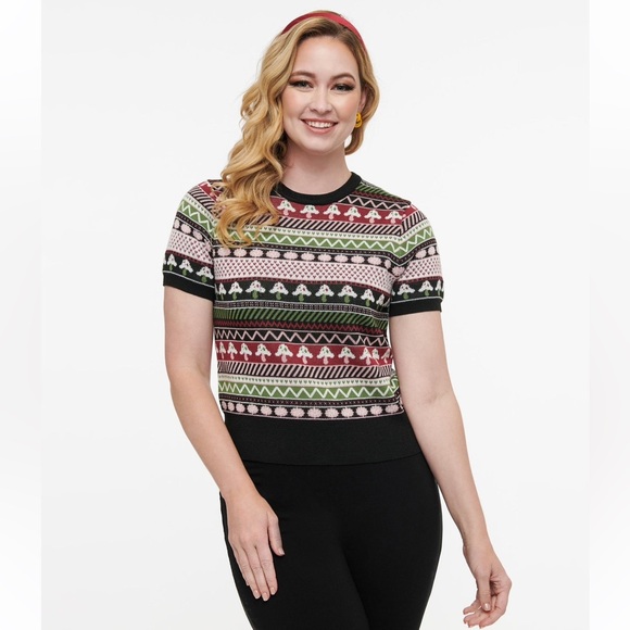 Tops - Unique Vintage 1950s Mushroom Jacquard Sweater, Multi, XS/S, NWT